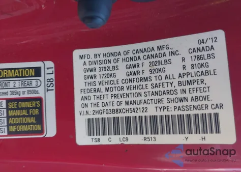 2012 Honda Civic Ex z USA, uszkodzony, nr VIN 2HGFG3B8XCH542122